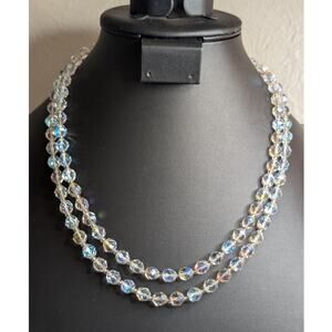 Vintage Aurora Borealis Faceted Crystal Double Strand Box Clasp 20" Necklace